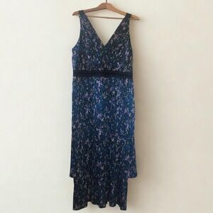 BANANA REPUBLIC Teal Floral Pleated Midi Dress V-Neck Sleeveless Women's Size 12